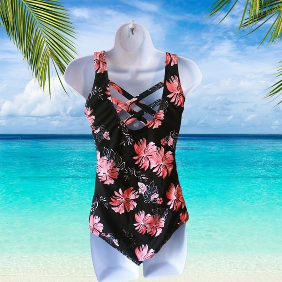 - ⛱️SWIMSUIT ONE PIECE BLACK WITH FLORAL DESIGN NWOT - Picture 2 of 6